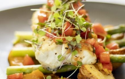 blue eye cod with carrot puree & sauce vierge | Golden Door Australia